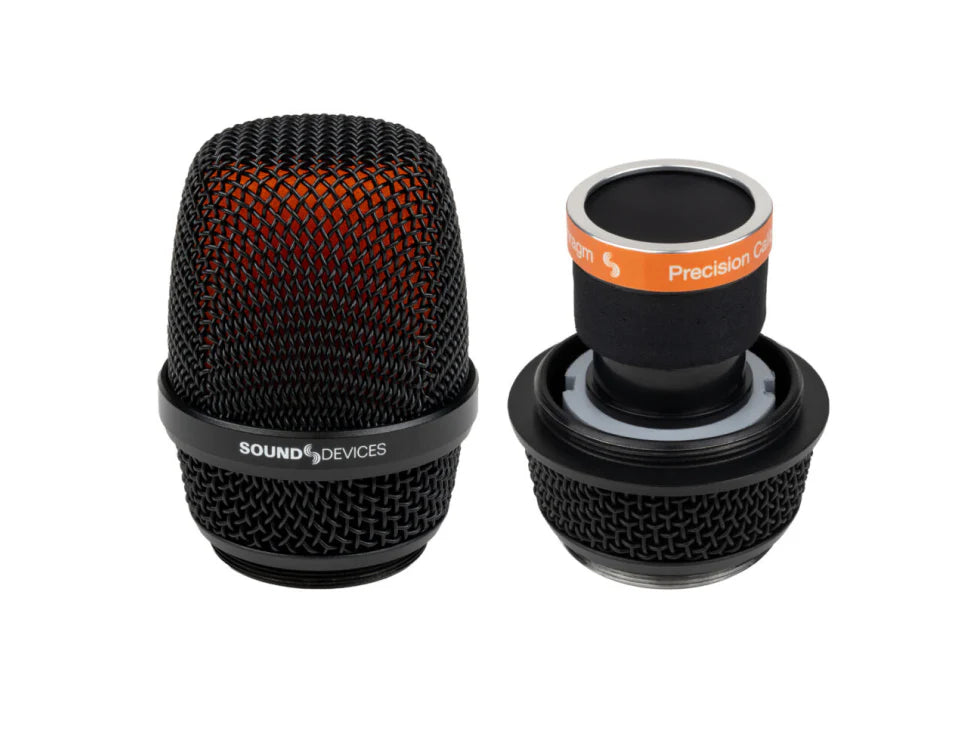Pair of microphone heads with black caps and orange-tinged mesh grille