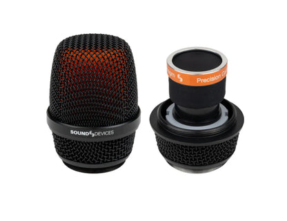Pair of microphone heads with black caps and orange-tinged mesh grille