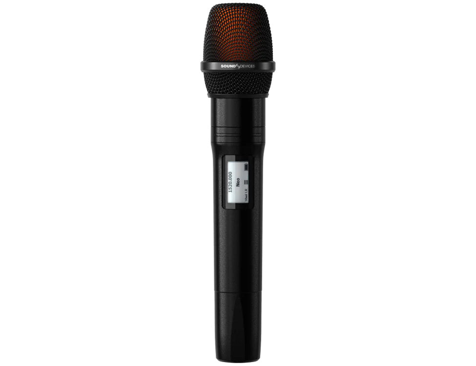 Black handheld microphone with orange mesh grille top