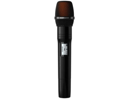 Black handheld microphone with orange mesh grille top