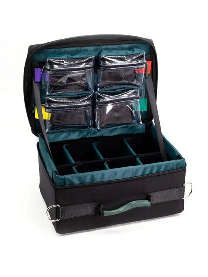 Black organizer case with teal lining, clear zip pockets, and teal storage dividers.
