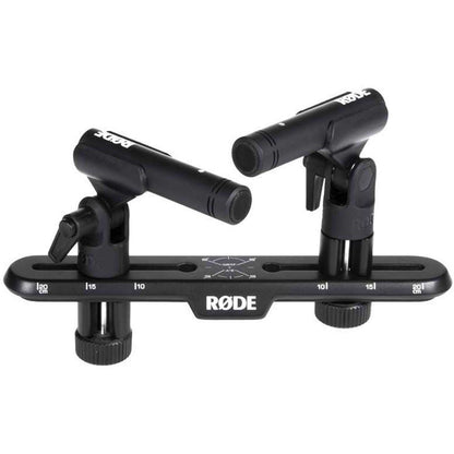 RØDE Stereo Bar microphone mount with two adjustable clips on a marked black bar