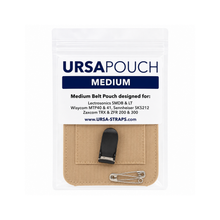 Beige medium belt pouch with front flap and belt clip, includes short strap