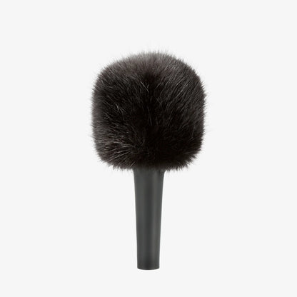 Black fuzzy microphone windscreen with foam ball tip on short handle
