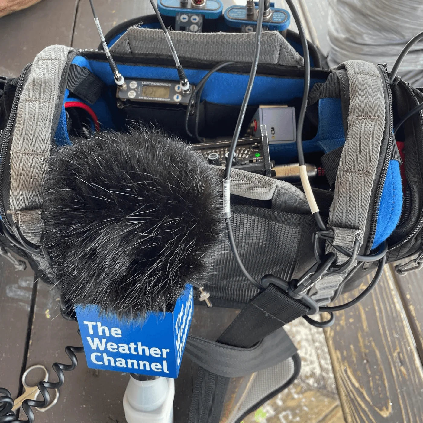 Black fuzzy microphone windscreen in gray shock mount with blue label