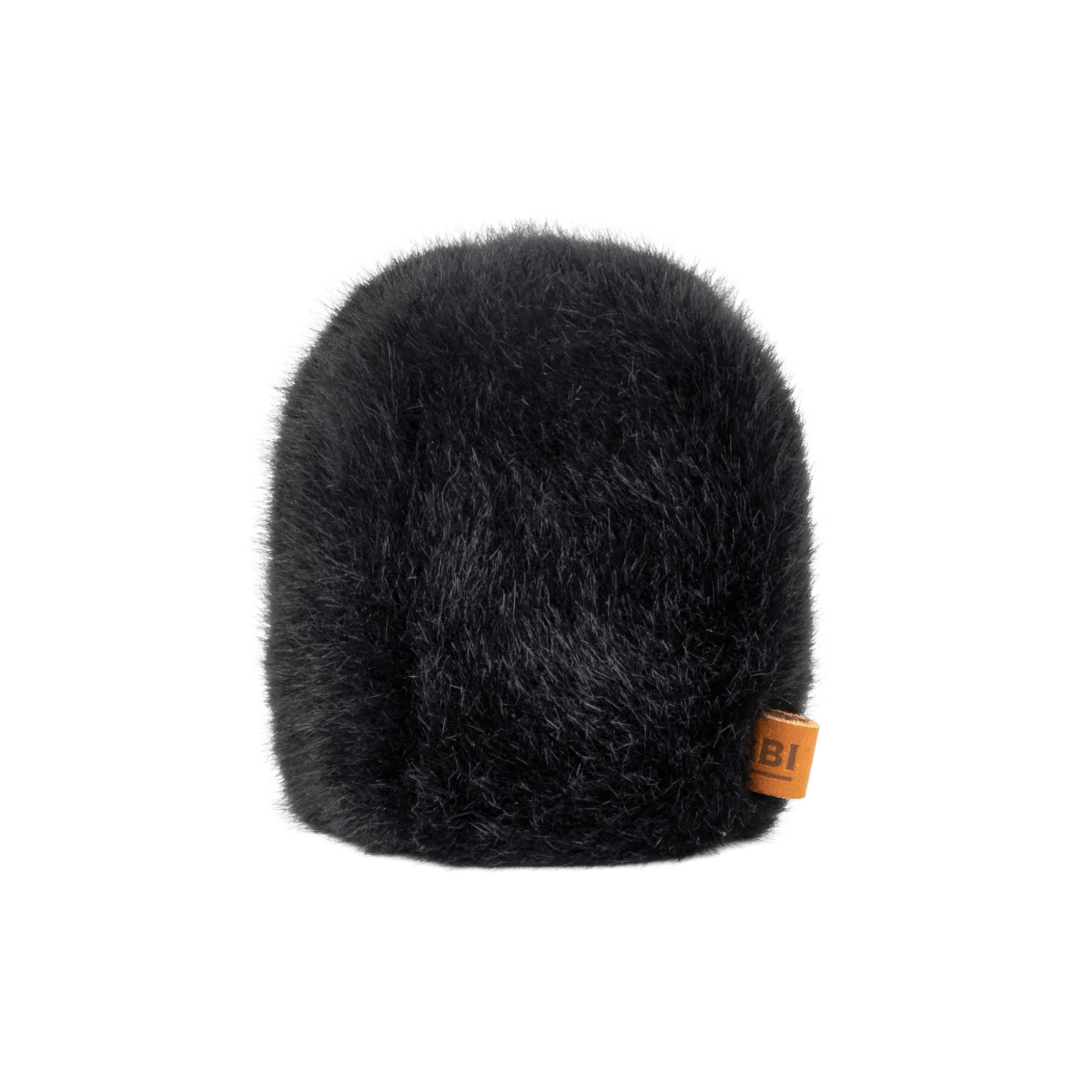 Light gray fuzzy microphone windscreen cap with brown logo tag