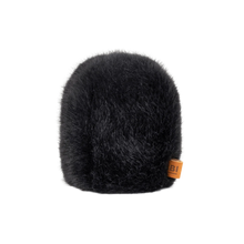 Light gray fuzzy microphone windscreen cap with brown logo tag