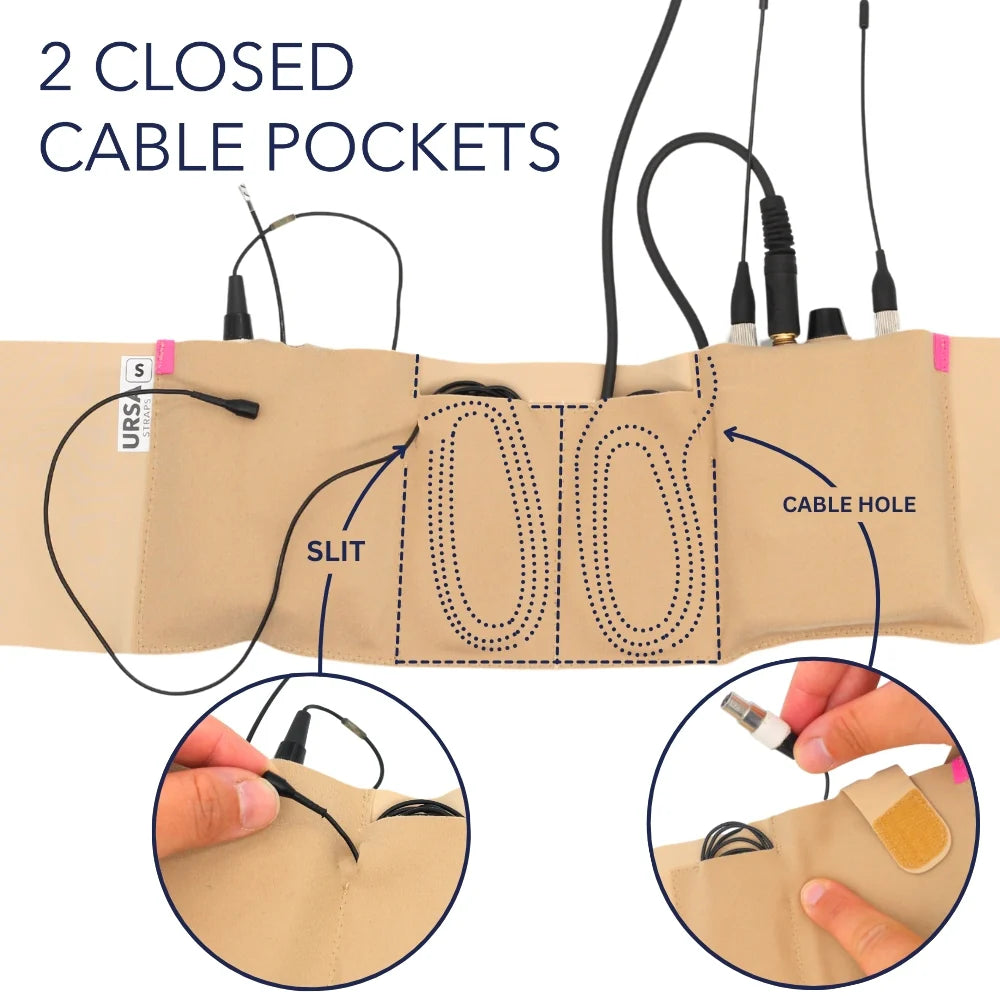 Beige double pouch waist strap with two closed cable pockets and cable hole