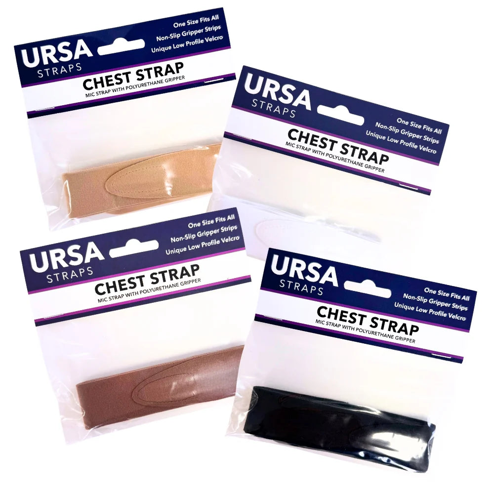 Packaged URSA adjustable chest straps in multiple colors, sealed in plastic bags