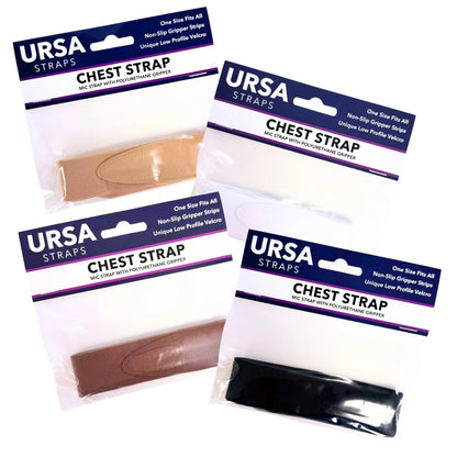 Packaged URSA adjustable chest straps in multiple colors, sealed in plastic bags