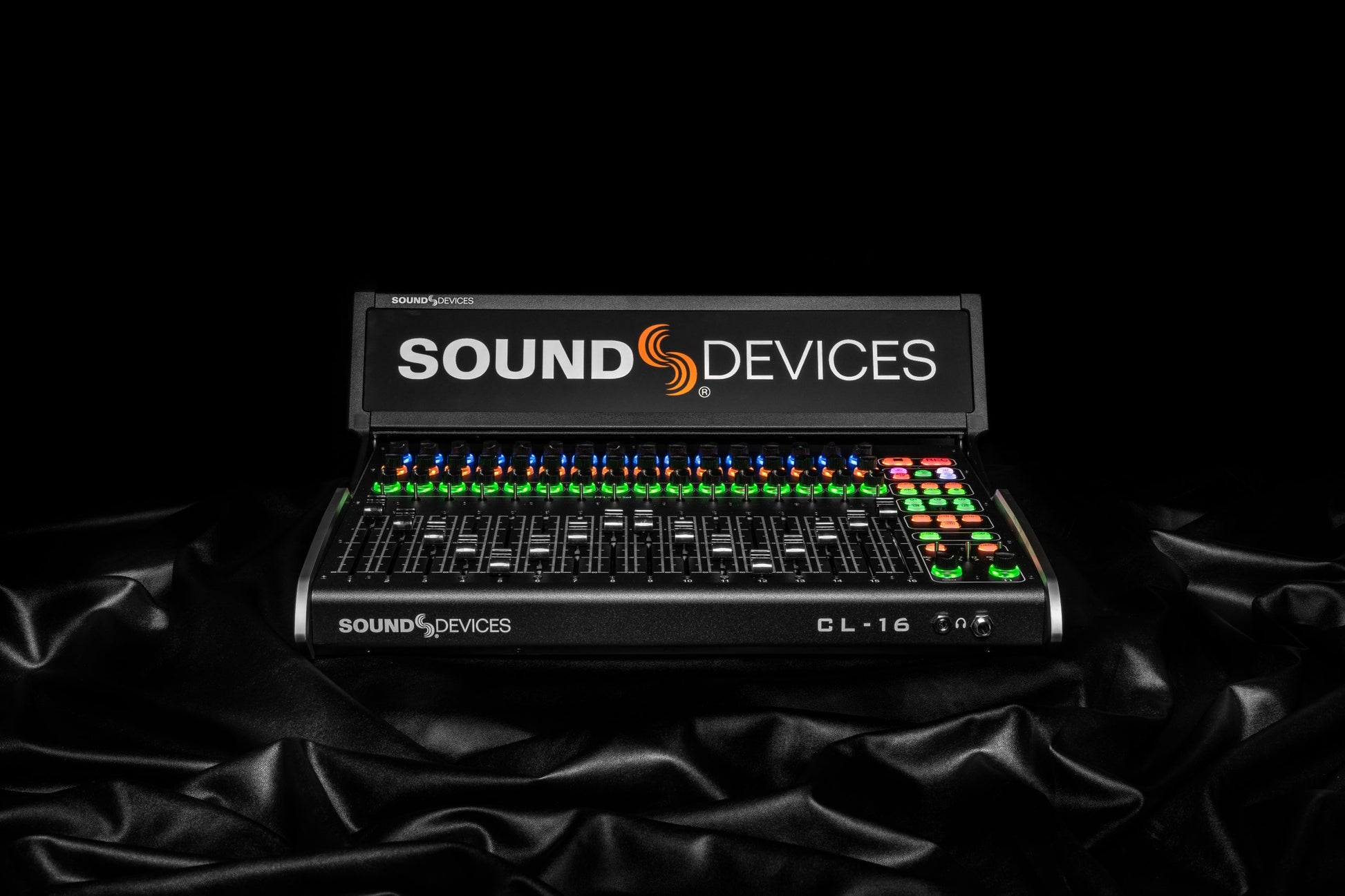 CL-16 audio mixer open with Sound Devices display and backlit controls