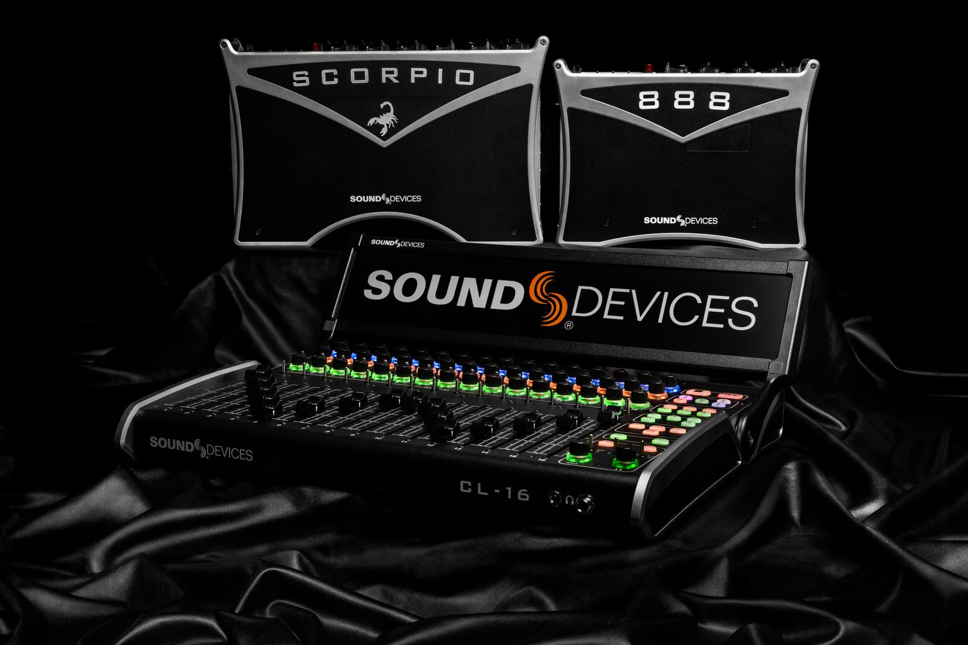 CL-16 audio mixer open case with Scorpio lid and Sound Devices logo