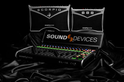 CL-16 audio mixer open case with Scorpio lid and Sound Devices logo