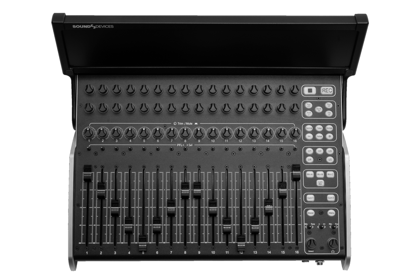 CL-16 audio mixer open top with faders and rows of control buttons