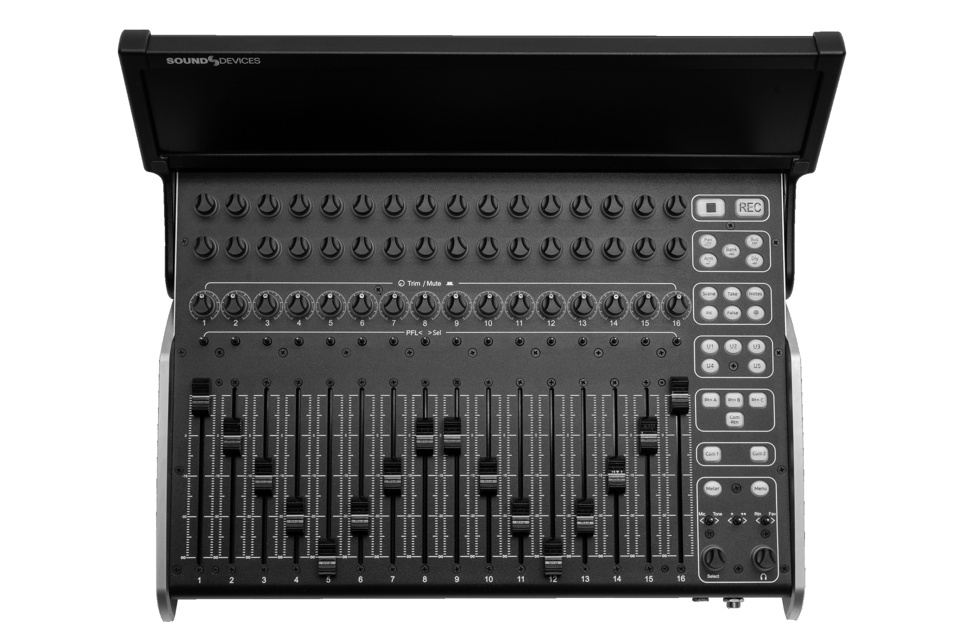 CL-16 audio mixer open top with faders and rows of control buttons