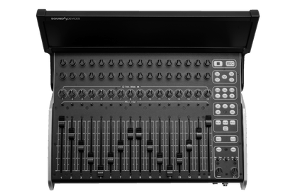 CL-16 audio mixer open top with faders and rows of control buttons