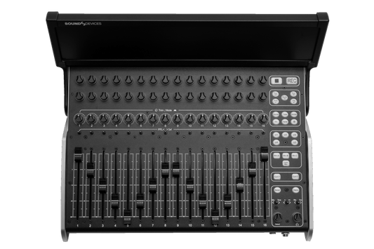 CL-16 audio mixer open top with faders and rows of control buttons