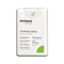 Phonak hearing aid cleaning spray in white bottle with green logo