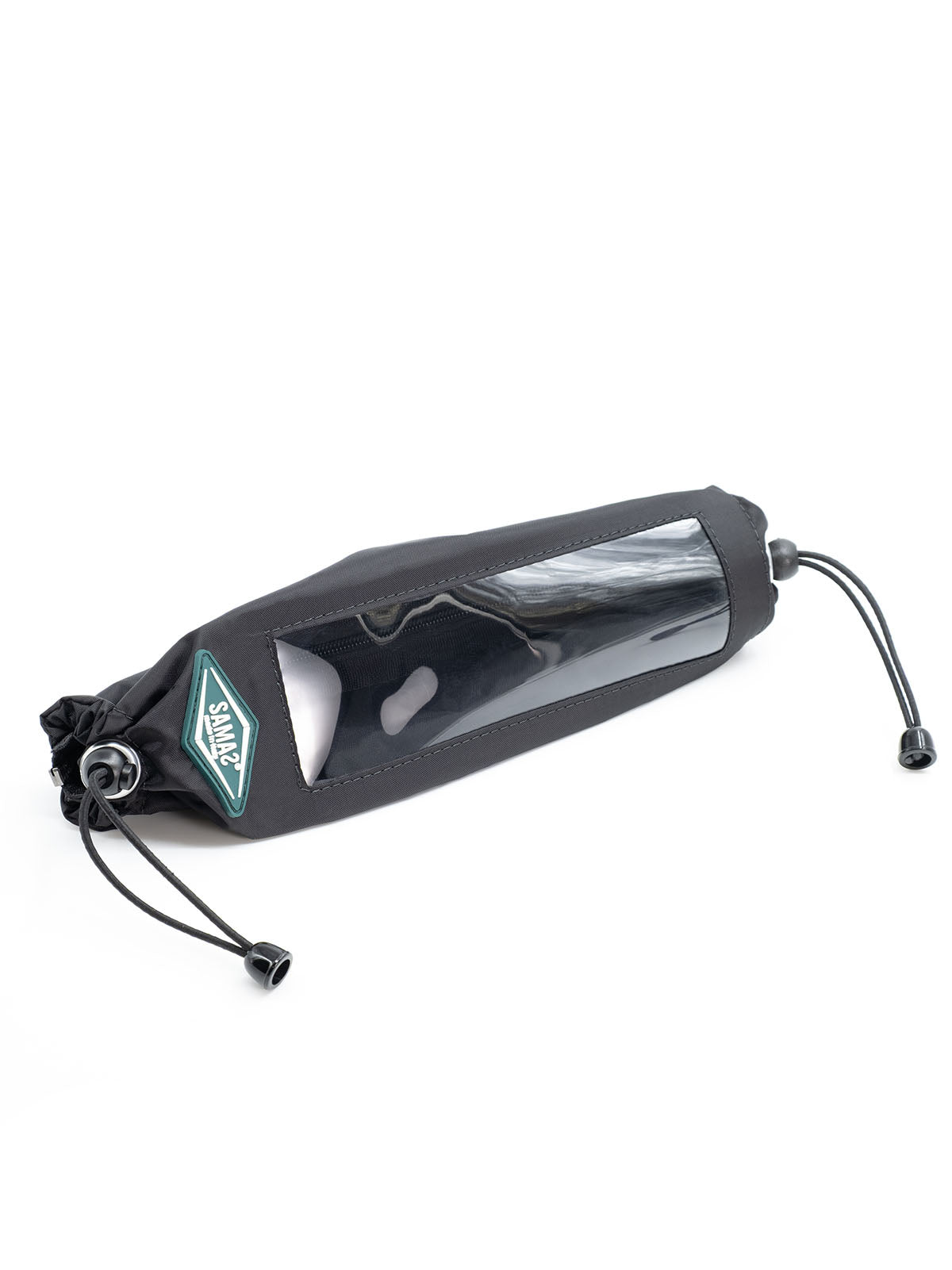 Black rolled boom cover with translucent panel, logo patch, and adjustable cord ends