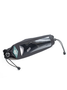 Black rolled boom cover with translucent panel, logo patch, and adjustable cord ends