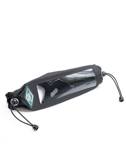 Black rolled boom cover with translucent panel, logo patch, and adjustable cord ends
