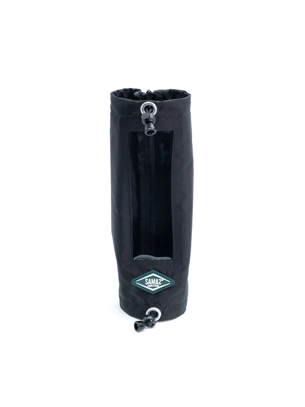 Black cylindrical boom cover with top grommet, drawcord, and small logo patch