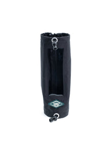 Black cylindrical boom cover with top grommet, drawcord, and small logo patch