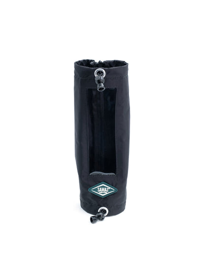 Black cylindrical boom cover with top grommet, drawcord, and small logo patch