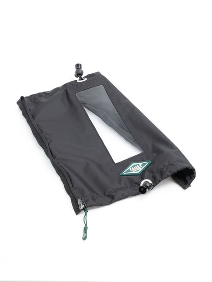 Black boom cover with translucent window, grommets, snap buttons, and drawstring cord