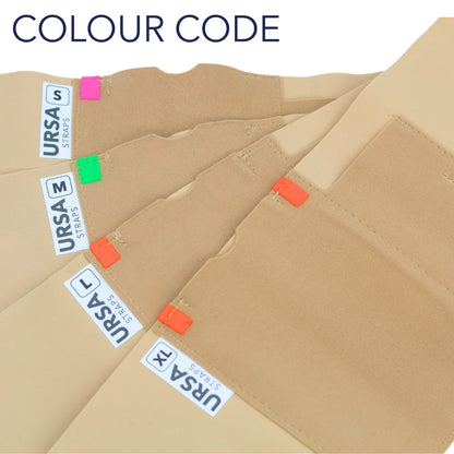 Waist strap color code swatches on beige fabric with size tags