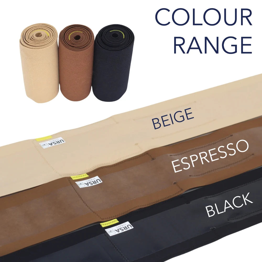Color range: beige, espresso brown, and black thigh pouch strap rolls with attached pouch