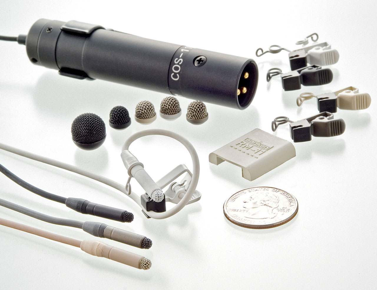 Sanken COS-11D lavalier microphones in black, grey, beige and white with accessories