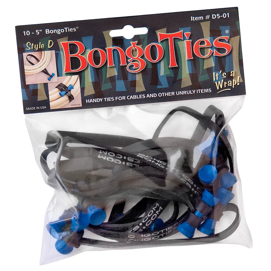 Bongo Ties cable ties, black with blue tabs and cords in clear bag