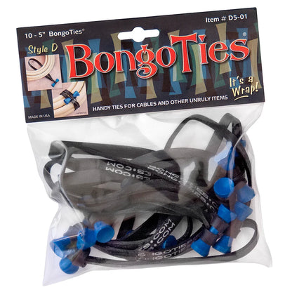 Bongo Ties cable ties, black with blue tabs and cords in clear bag