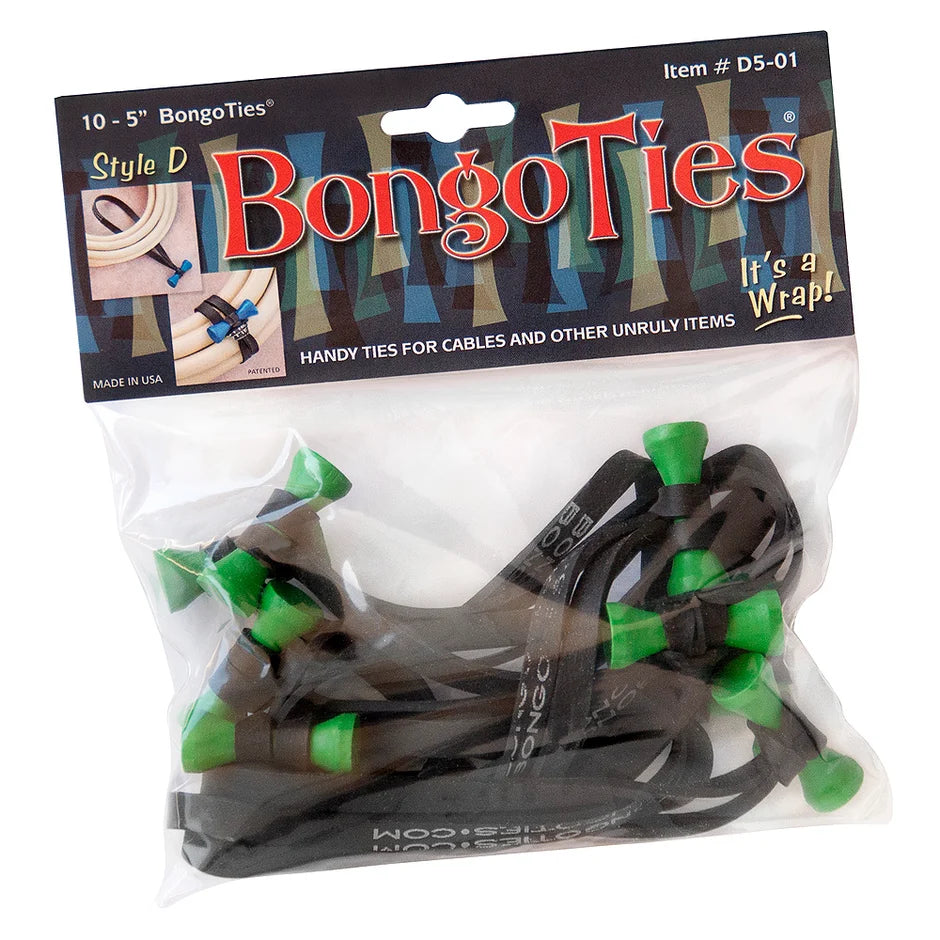 Bongo Ties cable ties, black with green tabs and cords in clear bag
