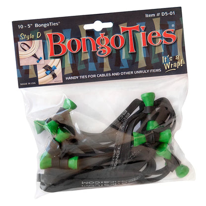 Bongo Ties cable ties, black with green tabs and cords in clear bag