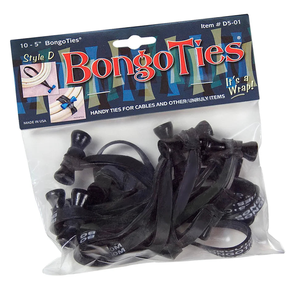 Bongo Ties cable ties, all black cords with small end pegs in clear bag