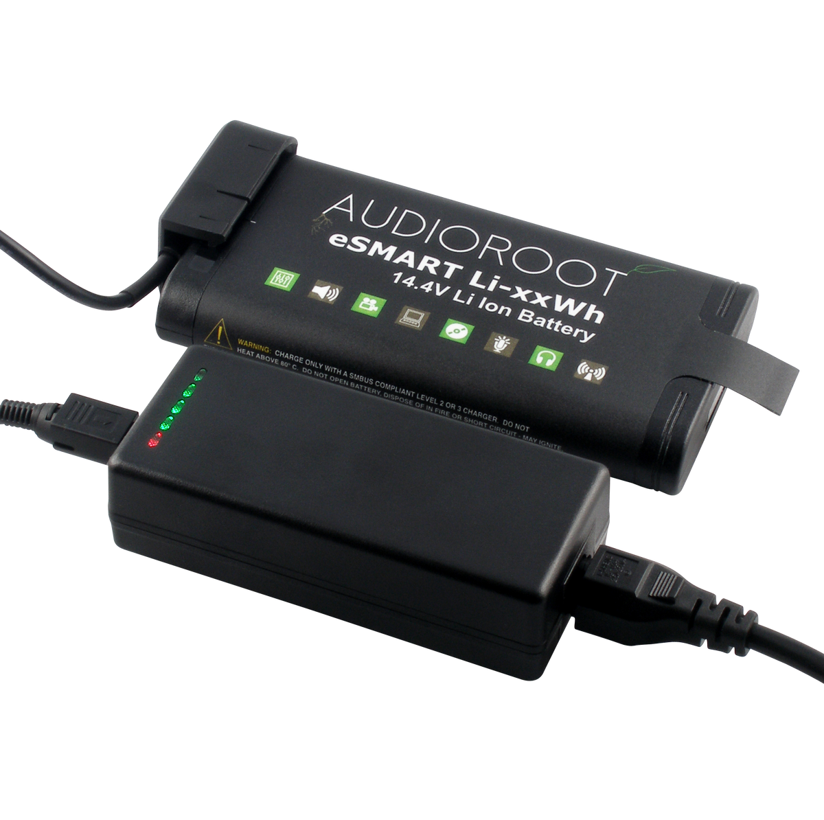 Audioroot eLC-SMB charger connected to eSMART lithium-ion battery