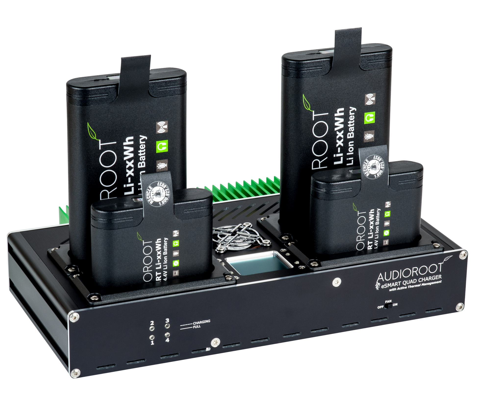 Audioroot eSMART QUAD charger with four smart batteries fitted