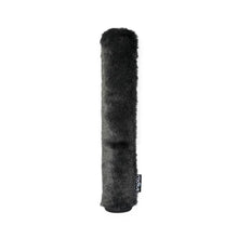 Black fur cylindrical microphone windscreen with brand label on side