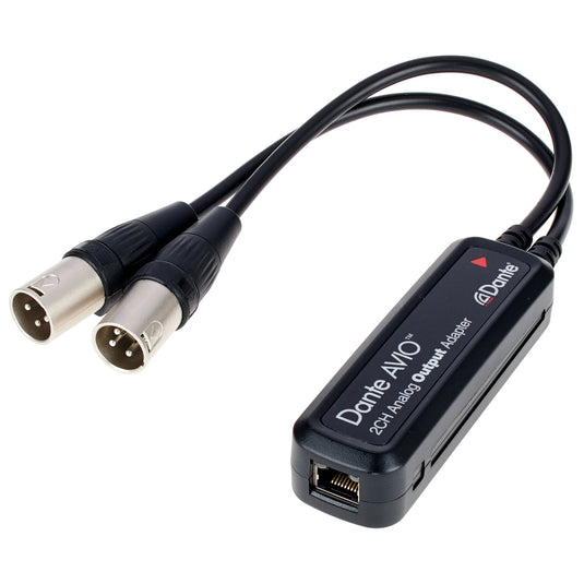 Dante Avio analogue output adapter with dual XLR and RJ45 Ethernet connector, black