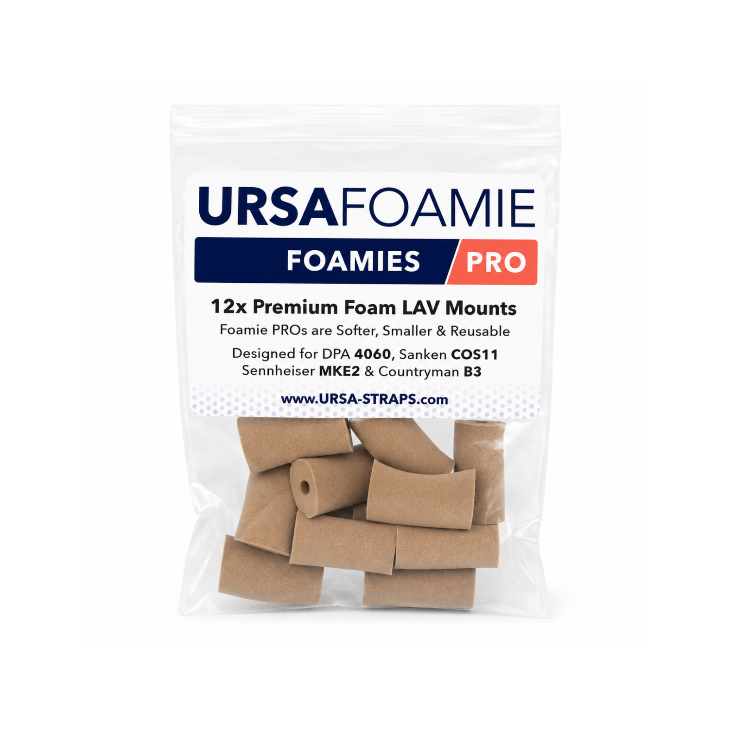 Caramel foam lav mic mounts, 12-pack in URSAFOAMIE pouch