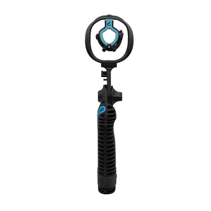 Pistol-grip shock mount handle with circular ring mount and teal shock insert