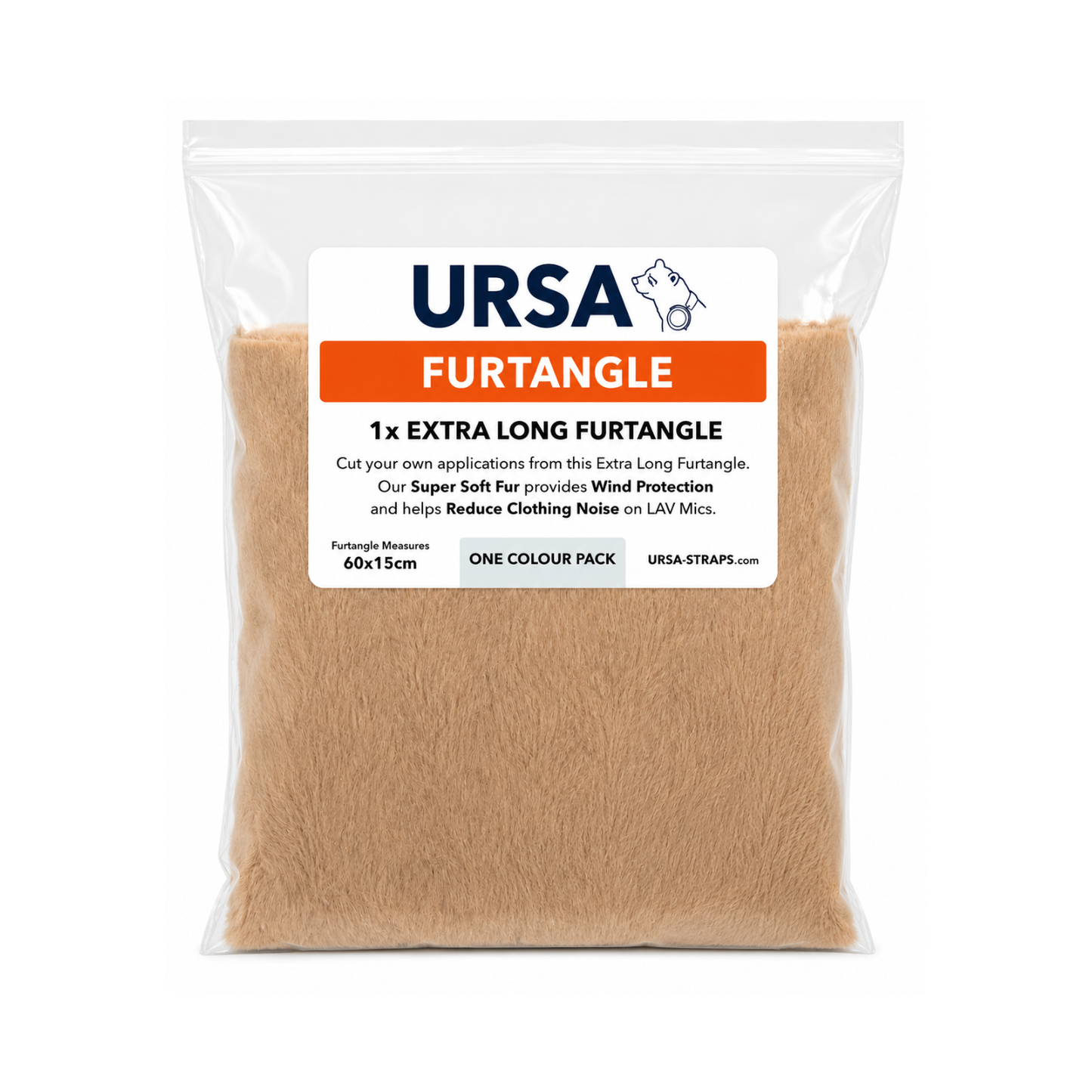 Beige fur tangle pack in a resealable pouch, long fur pieces with mesh backing