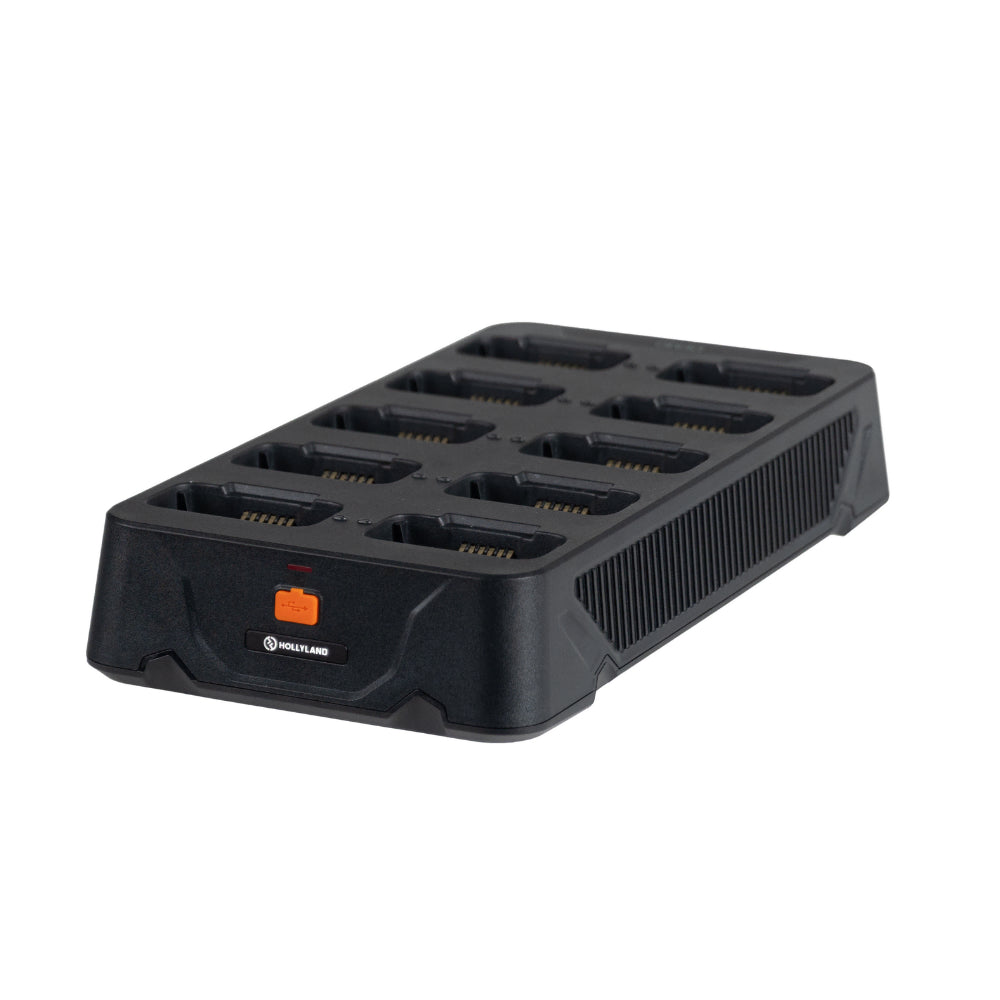 Black 10-way charging base with ten open charging slots and orange label