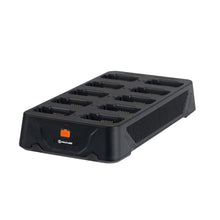 Black 10-way charging base with ten open charging slots and orange label