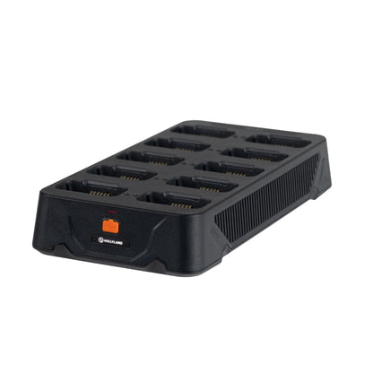 Black 10-way charging base with ten open charging slots and orange label