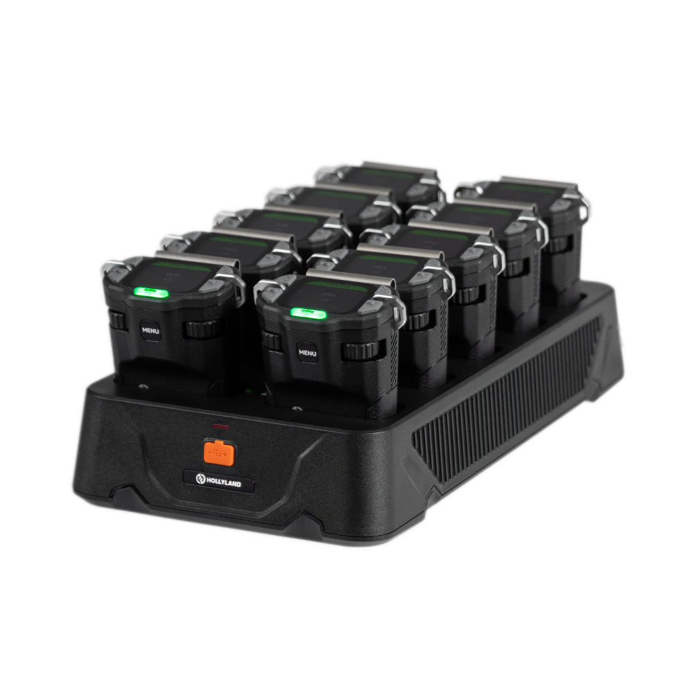 Black 10-way charging base with ten charging slots and green status lights