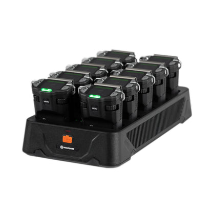 Black 10-way charging base with ten charging slots and green status lights