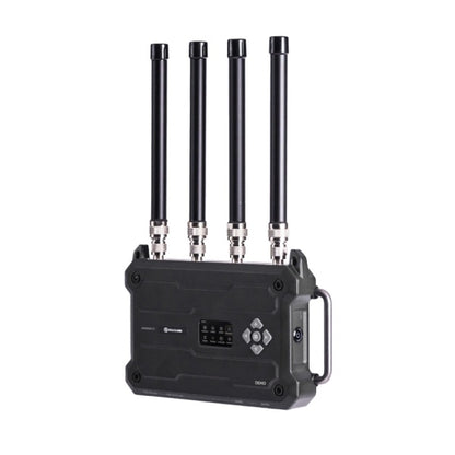 Antenna transmitter with four vertical antenna rods and a rugged black control case